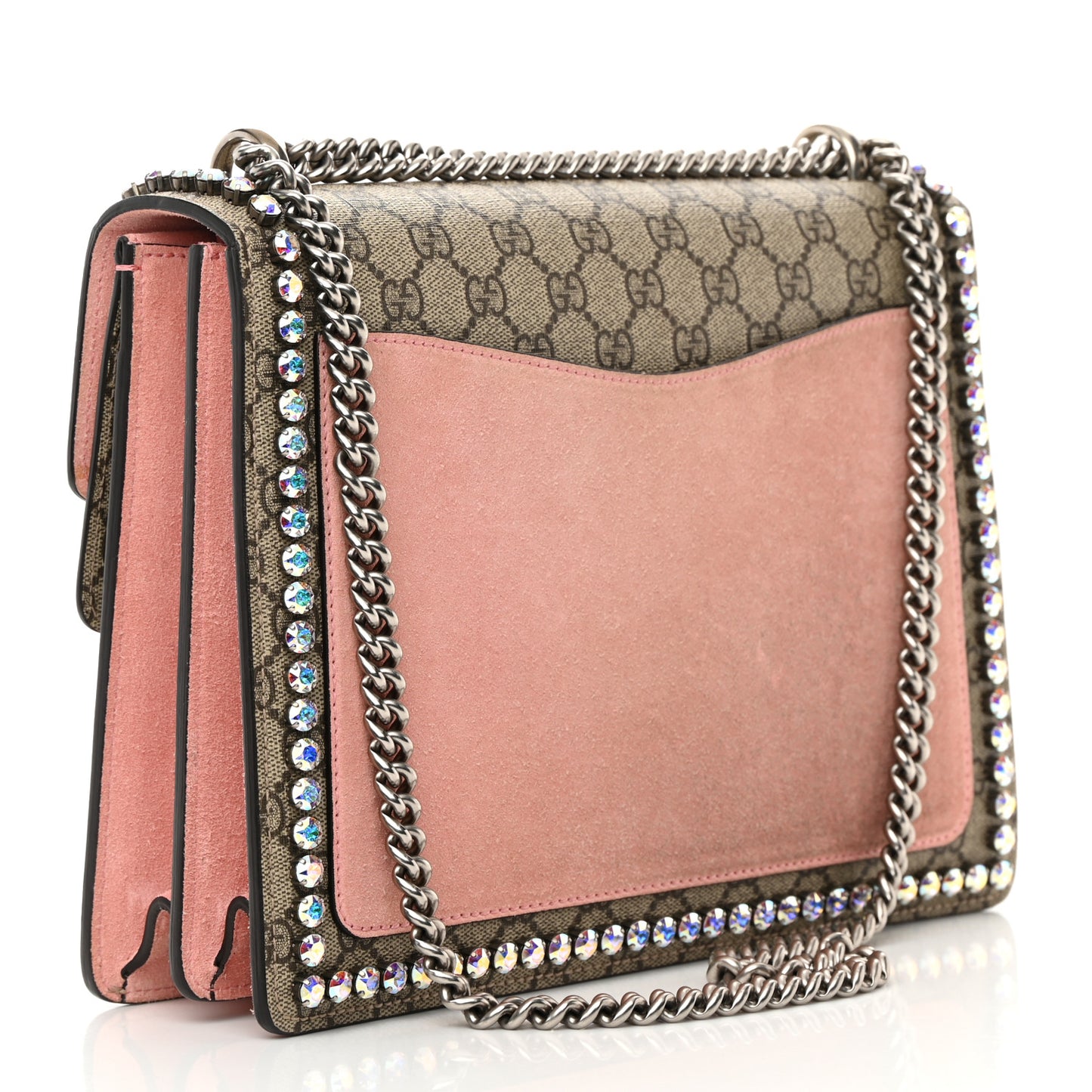 GG Supreme Monogram Suede Crystal Medium Dionysus Shoulder Bag Beige Ebony Light Peonia
