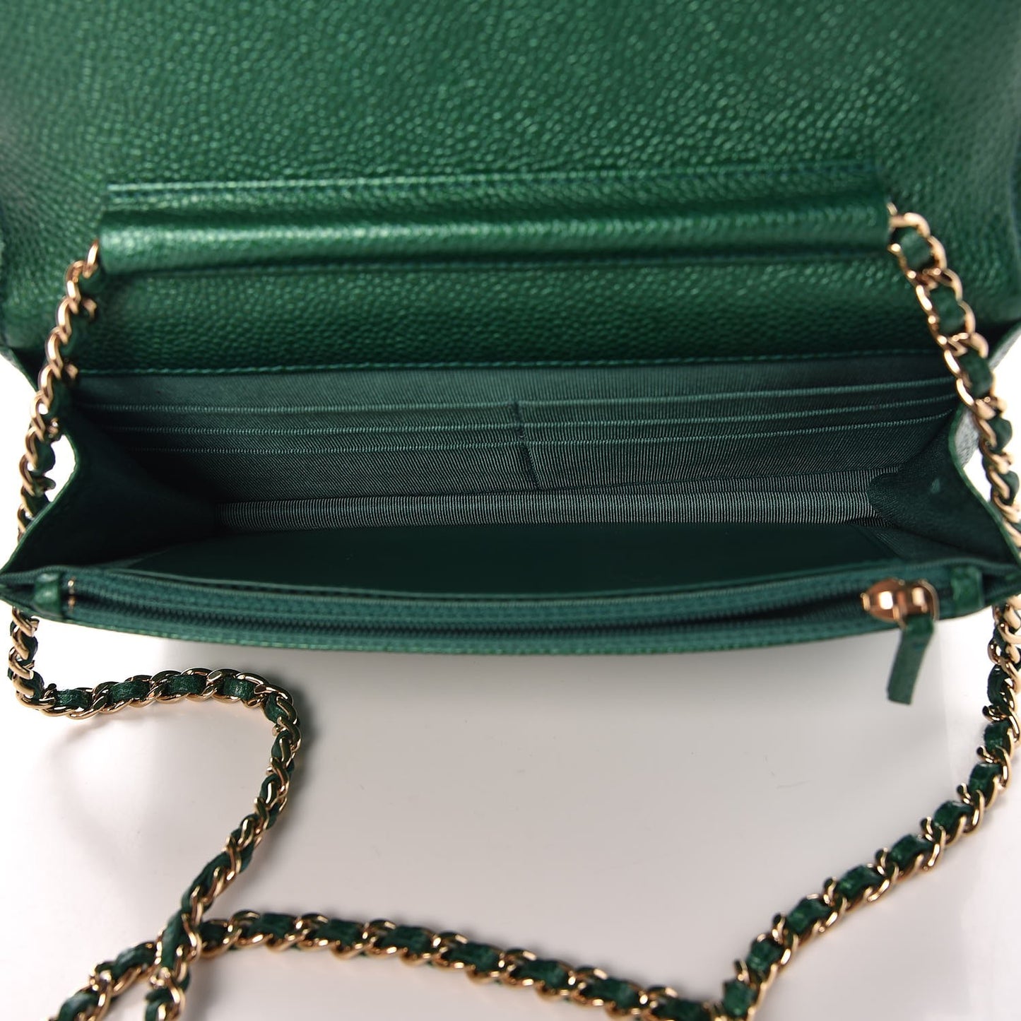 Metallic Caviar Quilted Wallet On Chain WOC Green