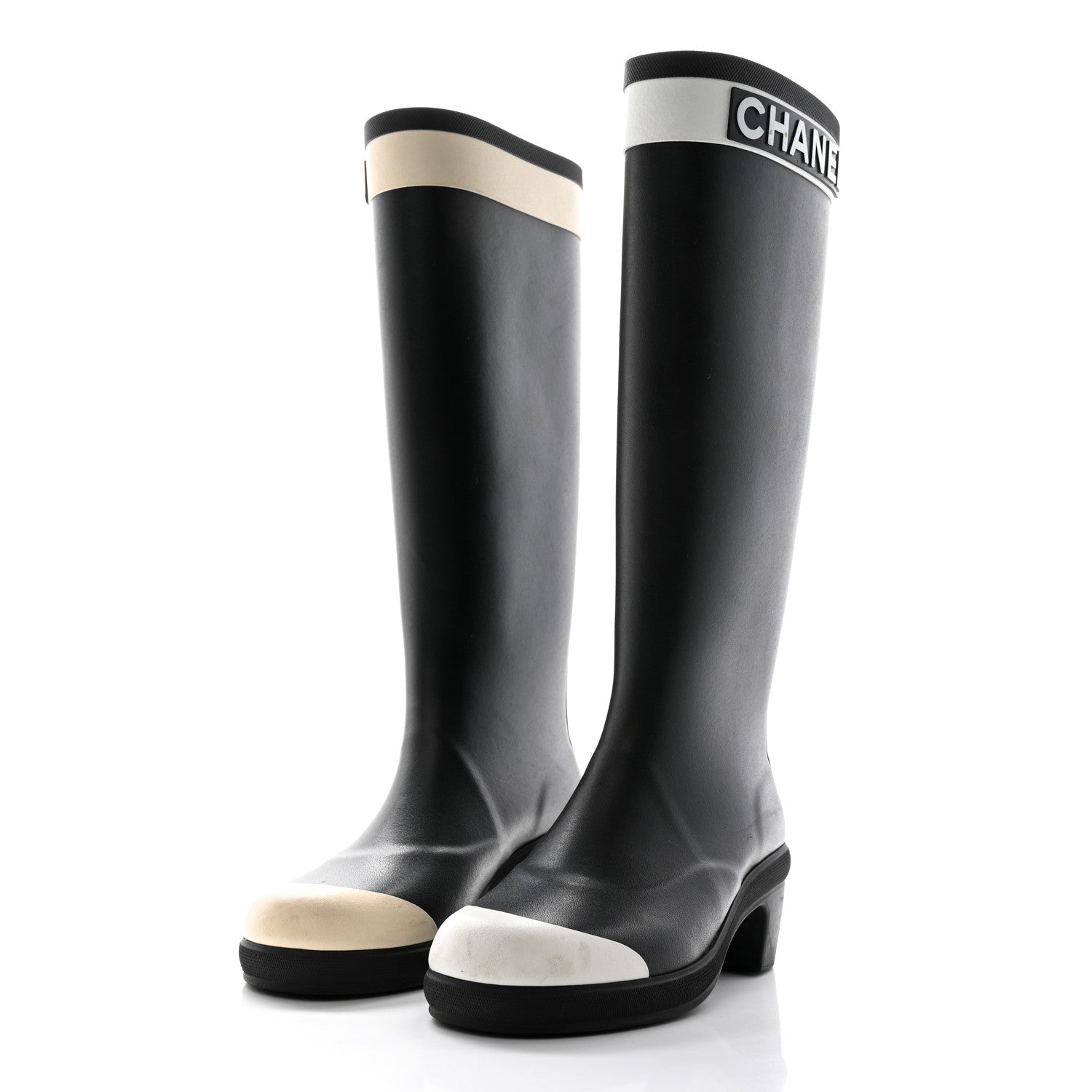 Chanel Rubber Logo Rain Boots 35 Black White 3 of 12