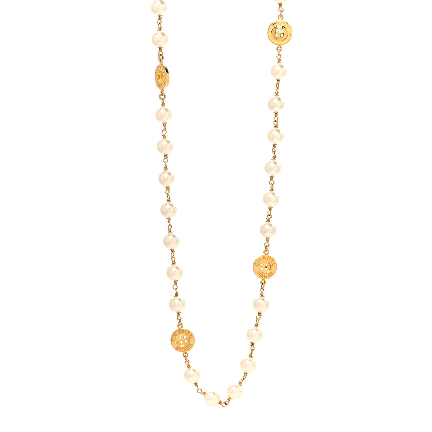Chanel Metal Pearl Paris Button Necklace Gold 1 of 5