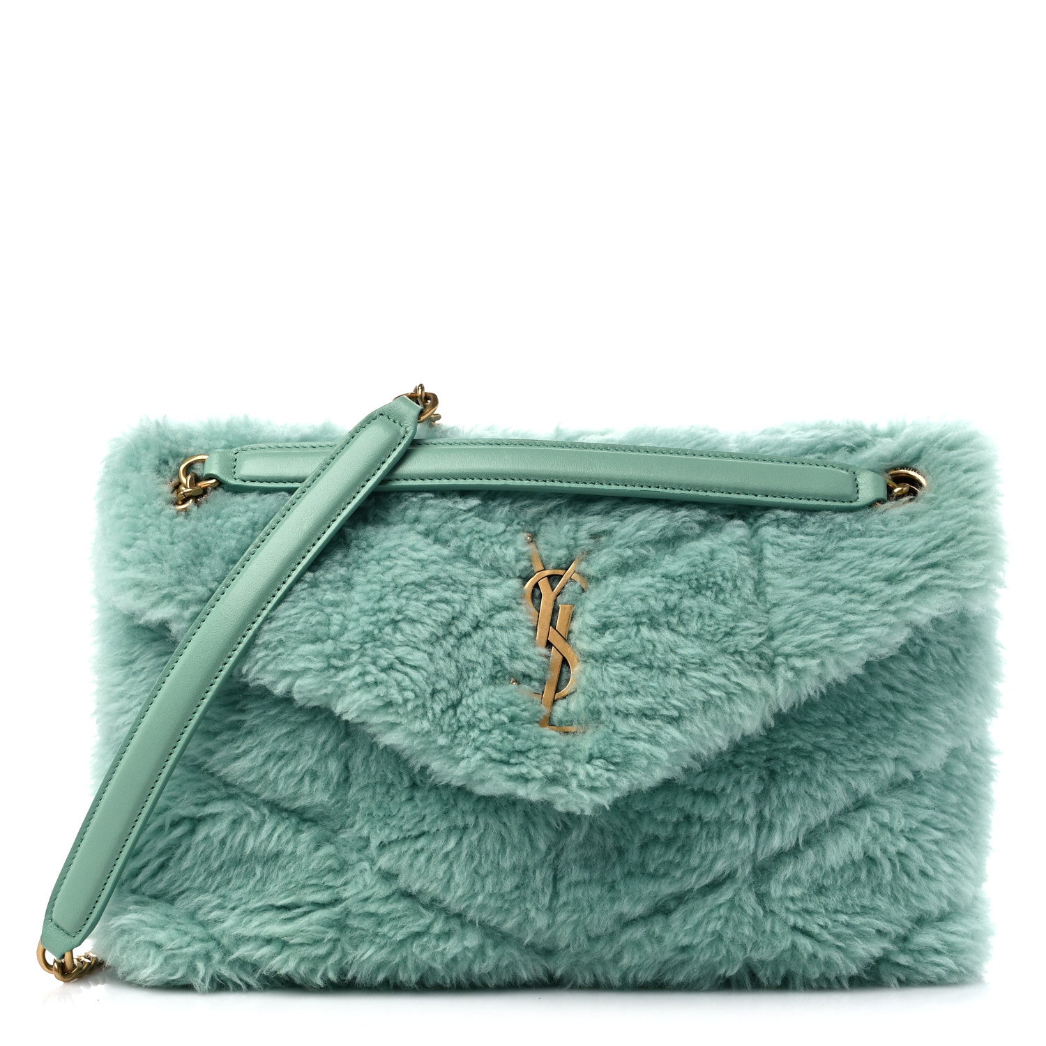 Saint Laurent Merino Shearling Lambskin Quilted Small Loulou Puffer Monogram Chain Satchel Iced Mint 1 of 9
