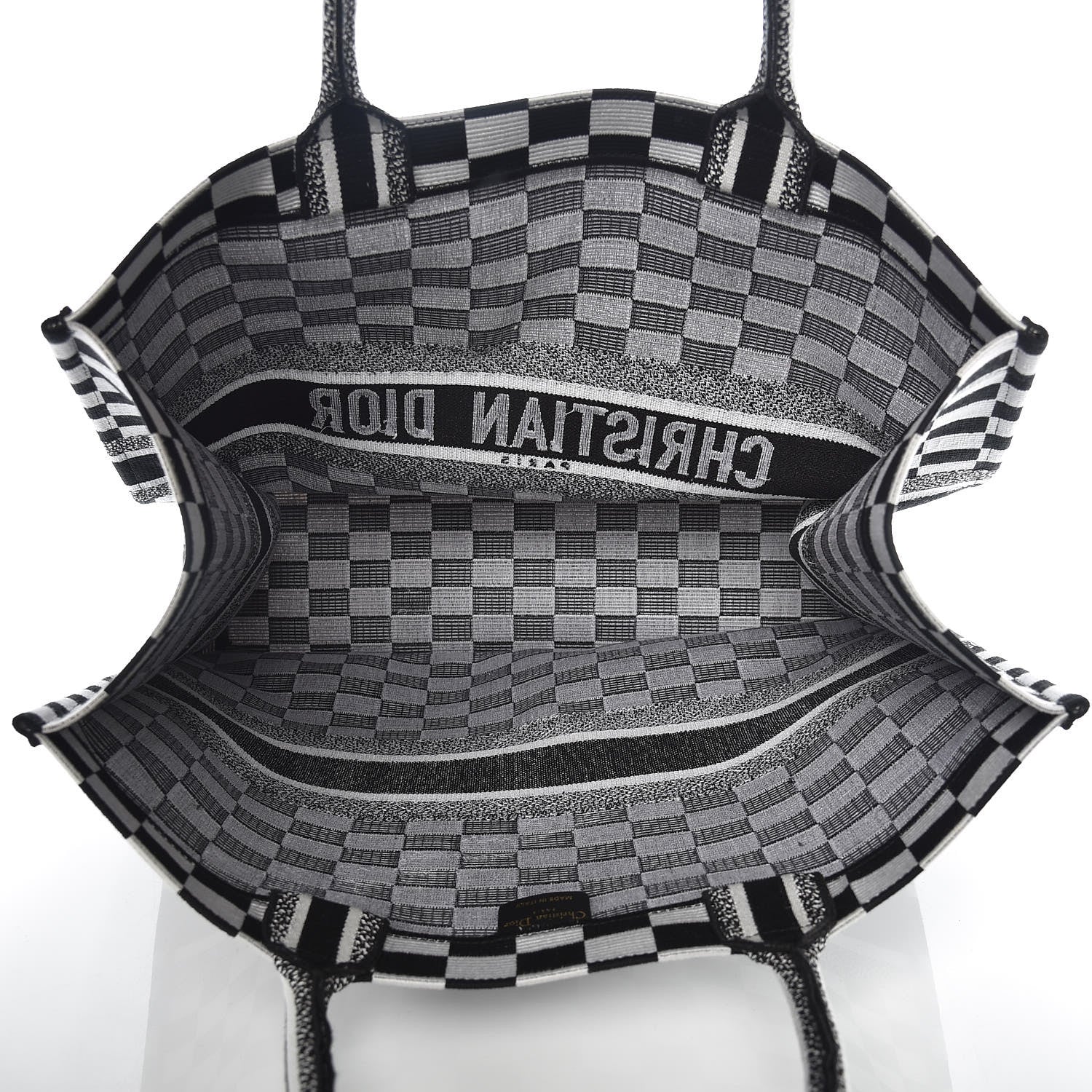 Christian Dior Canvas Embroidered Checkered Book Tote Black White 5 of 9