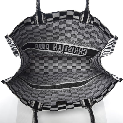 Christian Dior Canvas Embroidered Checkered Book Tote Black White 5 of 9