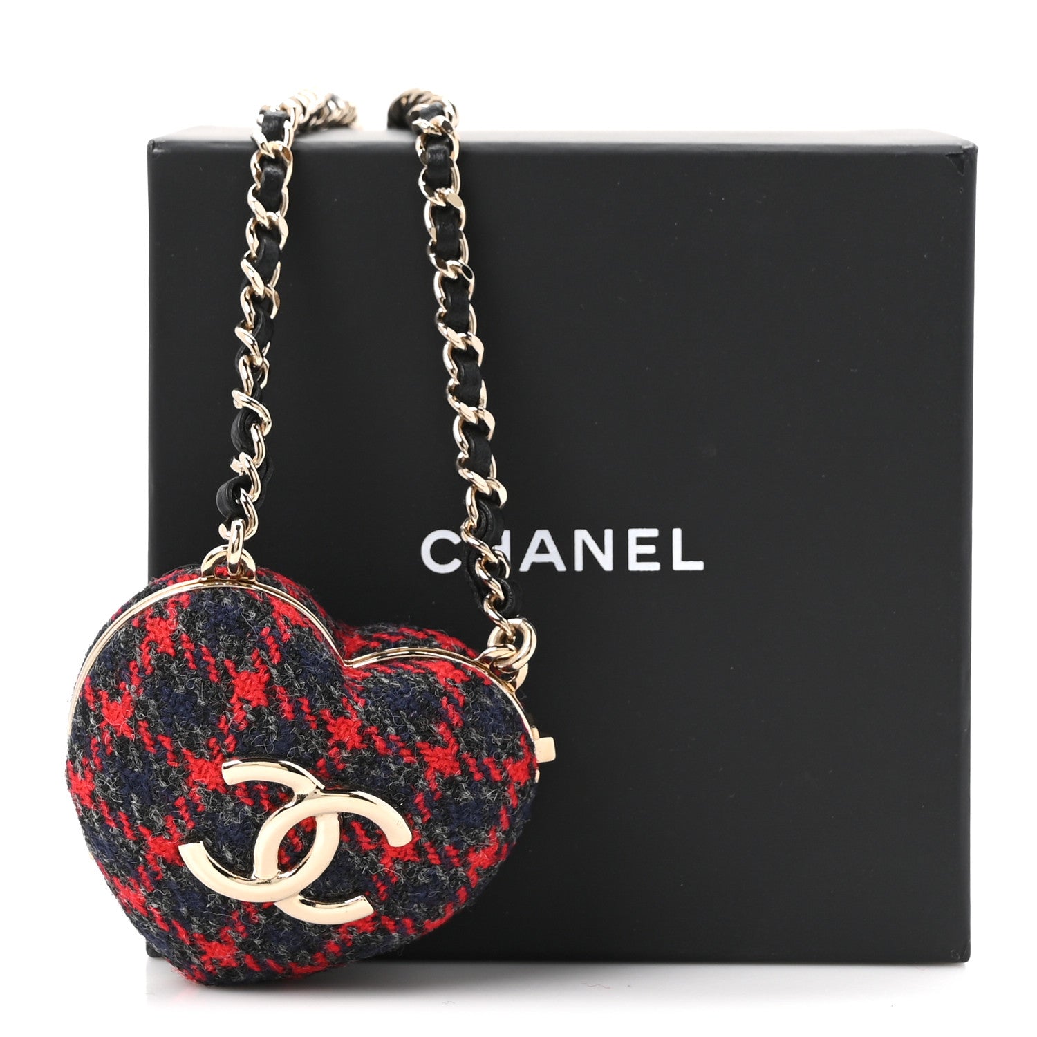 T＆T CHANELアクセサリー Chanel Tweed Lambskin CC Heart Locket Necklace Gold Grey Red Black