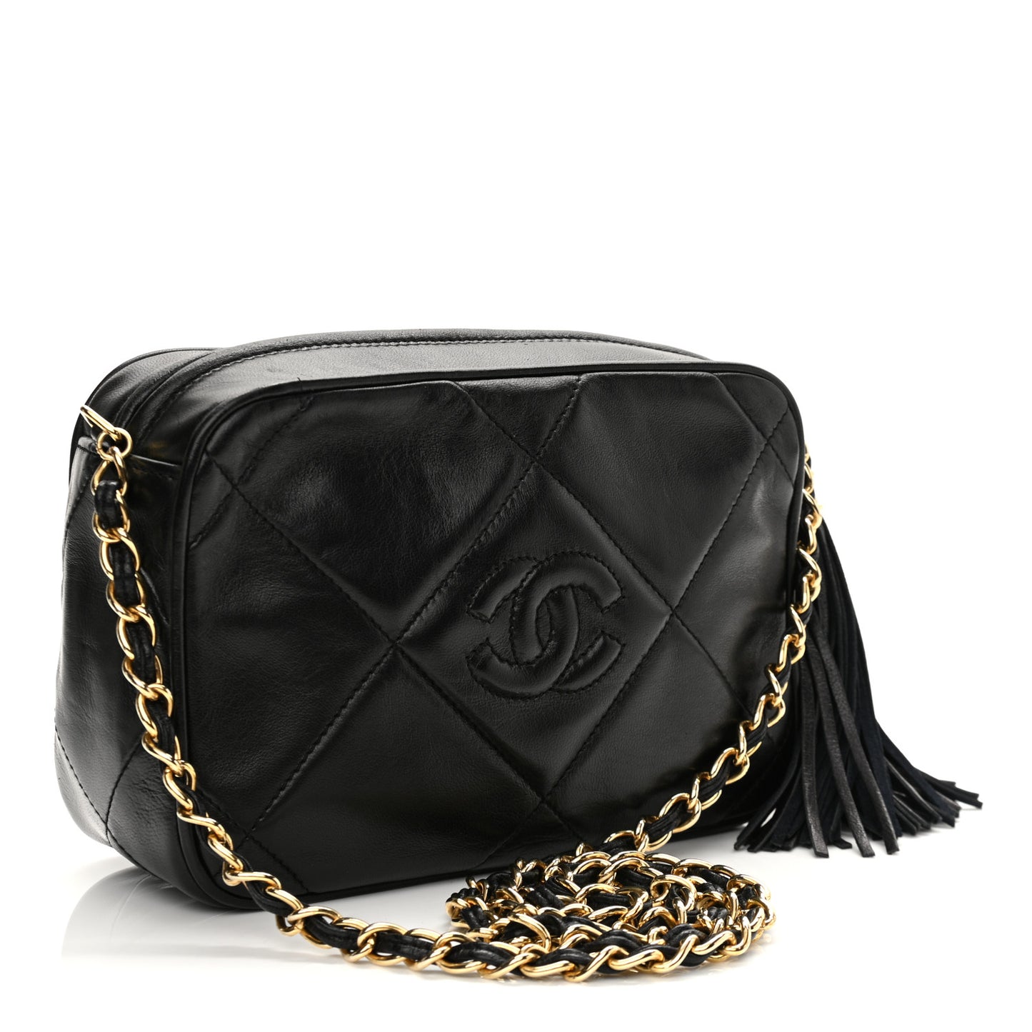 Lambskin Quilted CC Tassel Camera Case Black