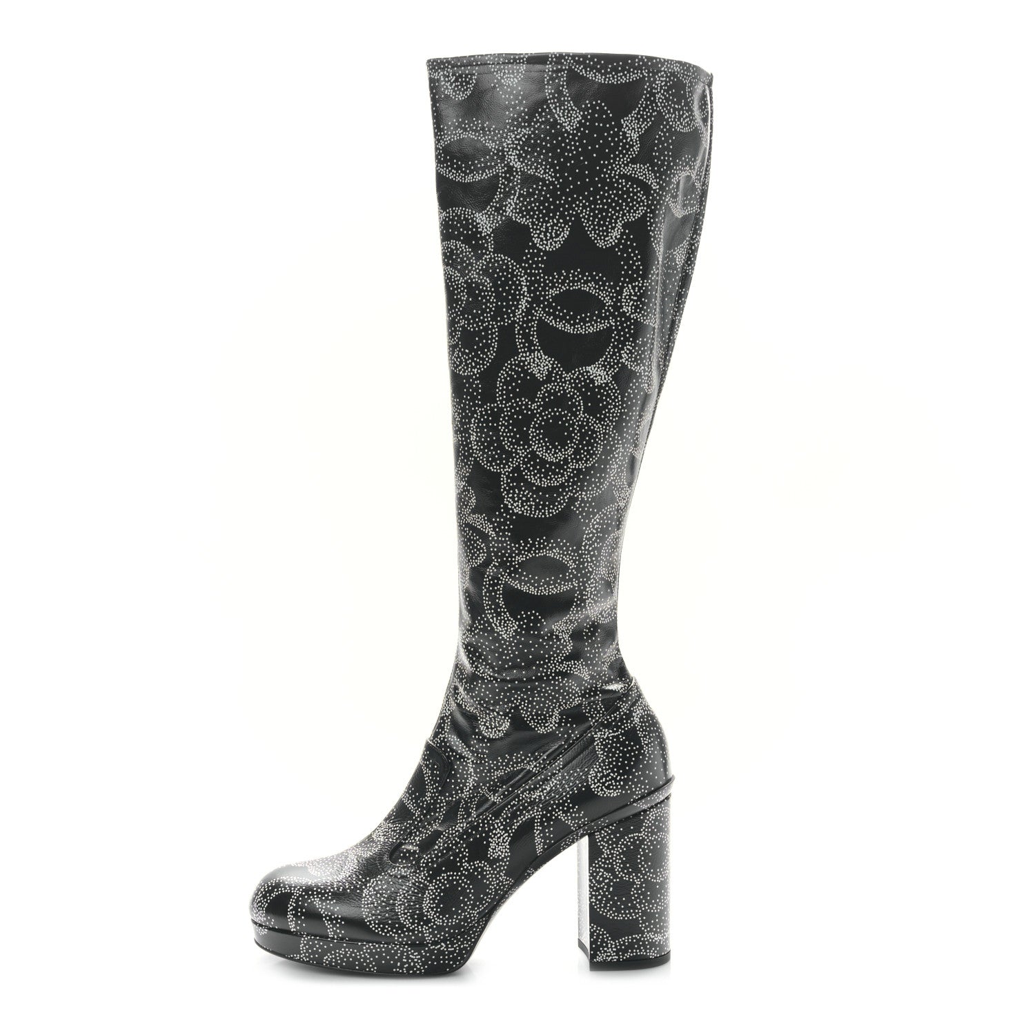 Chanel Calfskin Camellia Printed High Boots 40 Black White 1 of 8