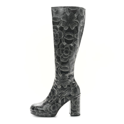 Chanel Calfskin Camellia Printed High Boots 40 Black White 1 of 8
