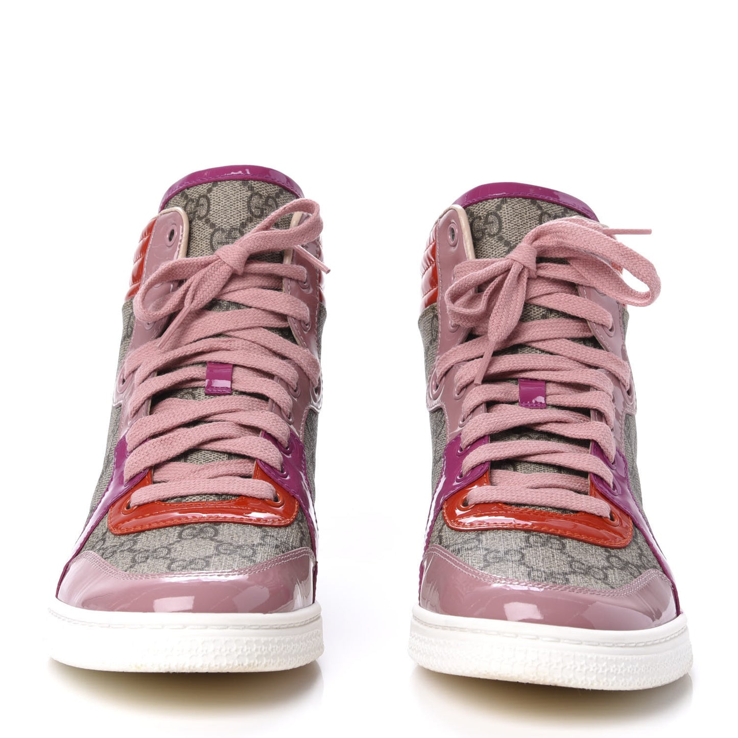 GG Supreme Monogram Patent Womens High Top Sneakers 39.5 Beige Carmine Rose New Rosette