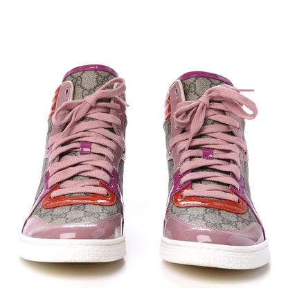 Gucci GG Supreme Monogram Patent Womens High Top Sneakers 39.5 Beige Carmine Rose New Rosette 3 of 11