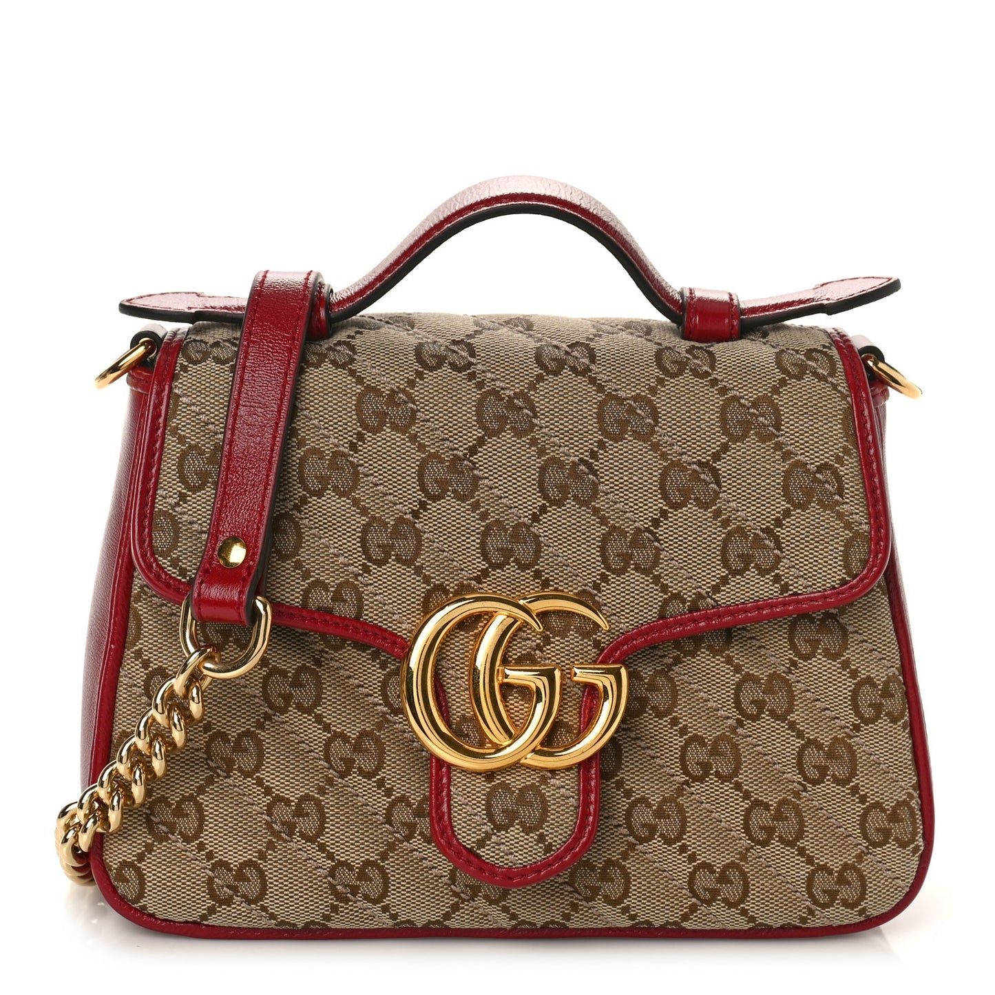 Monogram Glazed Calfskin Matelasse Diagonal Mini GG Marmont Top Handle Shoulder Bag Beige Ebony New Cherry Red