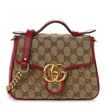 Gucci Monogram Glazed Calfskin Matelasse Diagonal Mini GG Marmont Top Handle Shoulder Bag Beige Ebony New Cherry Red 1 of 9