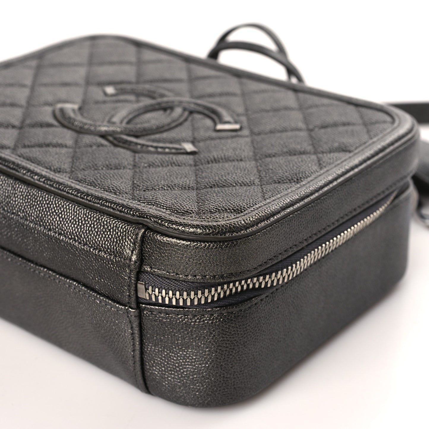 Metallic Caviar Quilted Medium CC Filigree Vanity Case Dark Silver