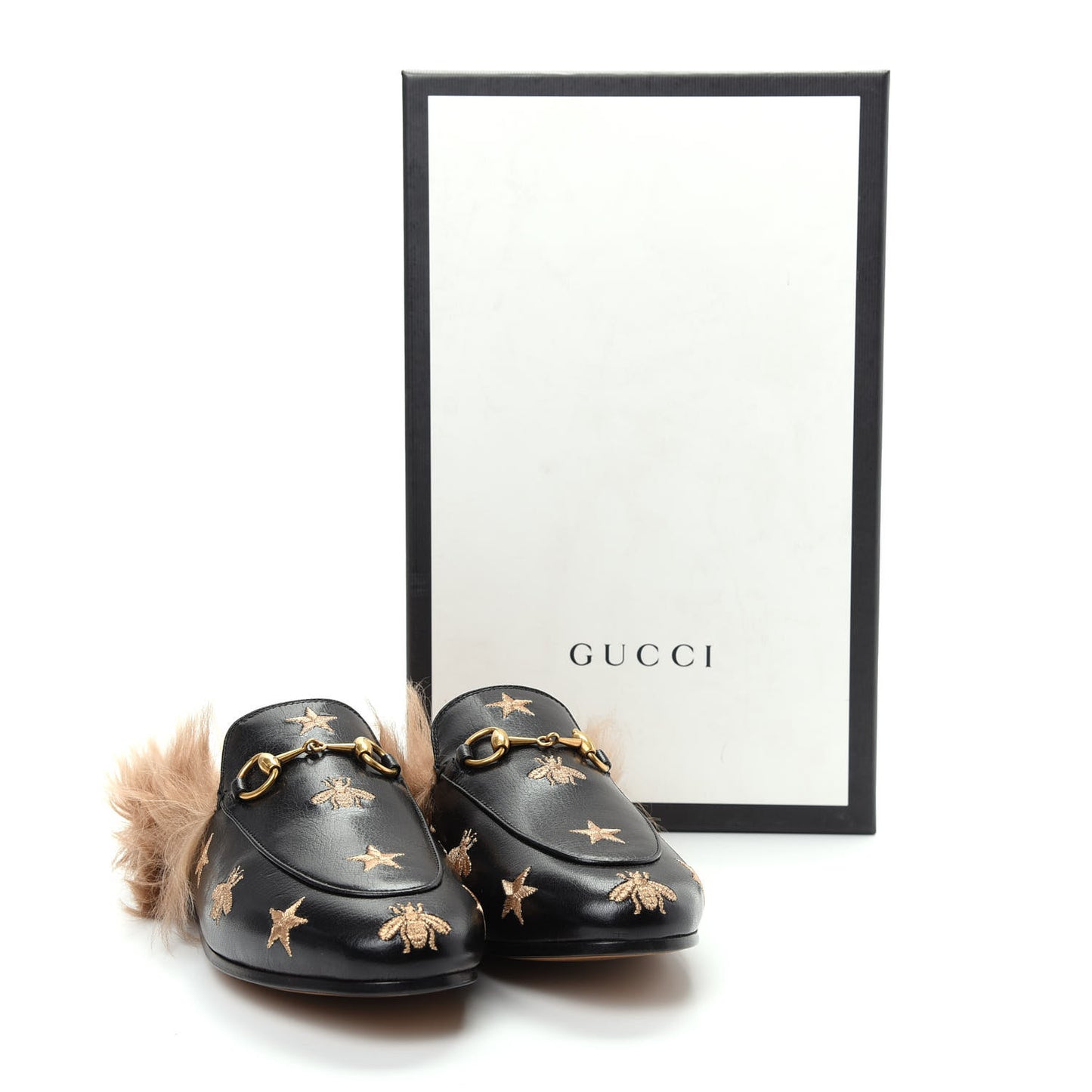 Goatskin Fur Bee Star Embroidered Womens Princetown Slippers 36.5 Black