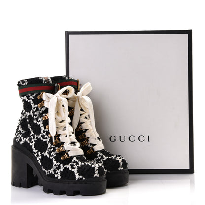 Gucci Tweed GG Monogram Lace Up Combat Ankle Boots 37.5 Black 10 of 10