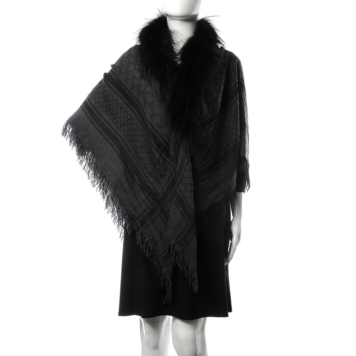Wool Silk Fox Fur Monogram Shawl Scarf Black