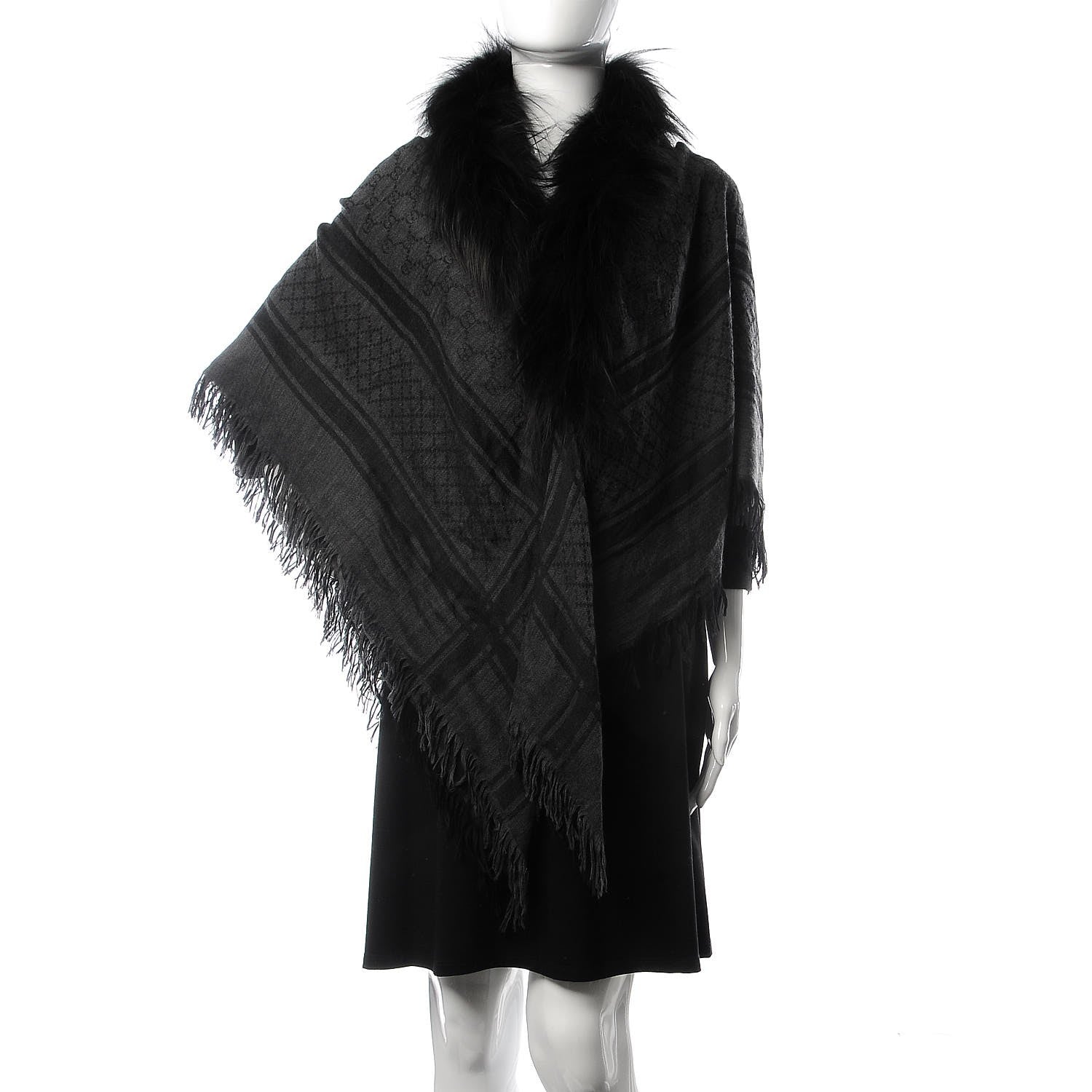 Gucci Wool Silk Fox Fur Monogram Shawl Scarf Black 2 of 4
