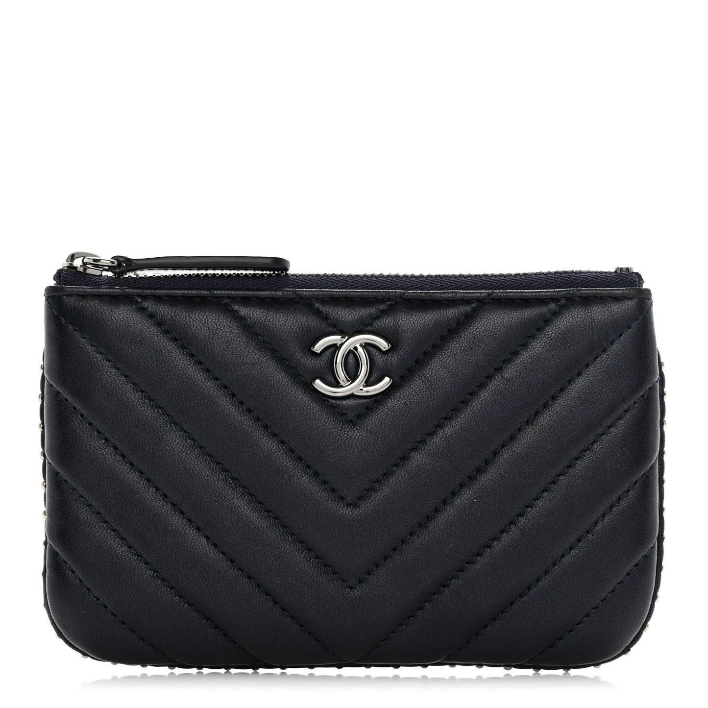 Lambskin Chevron Quilted Studded Small Cosmetic Case Black