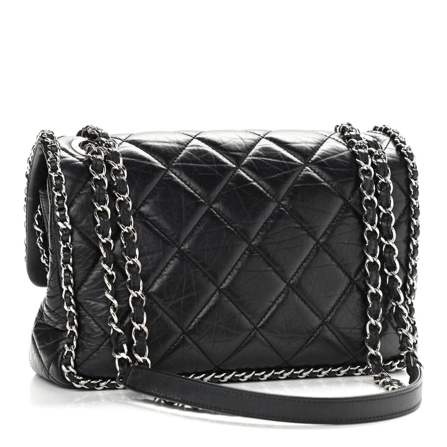 Crumpled Calfskin Medium Chain All Over Flap Black