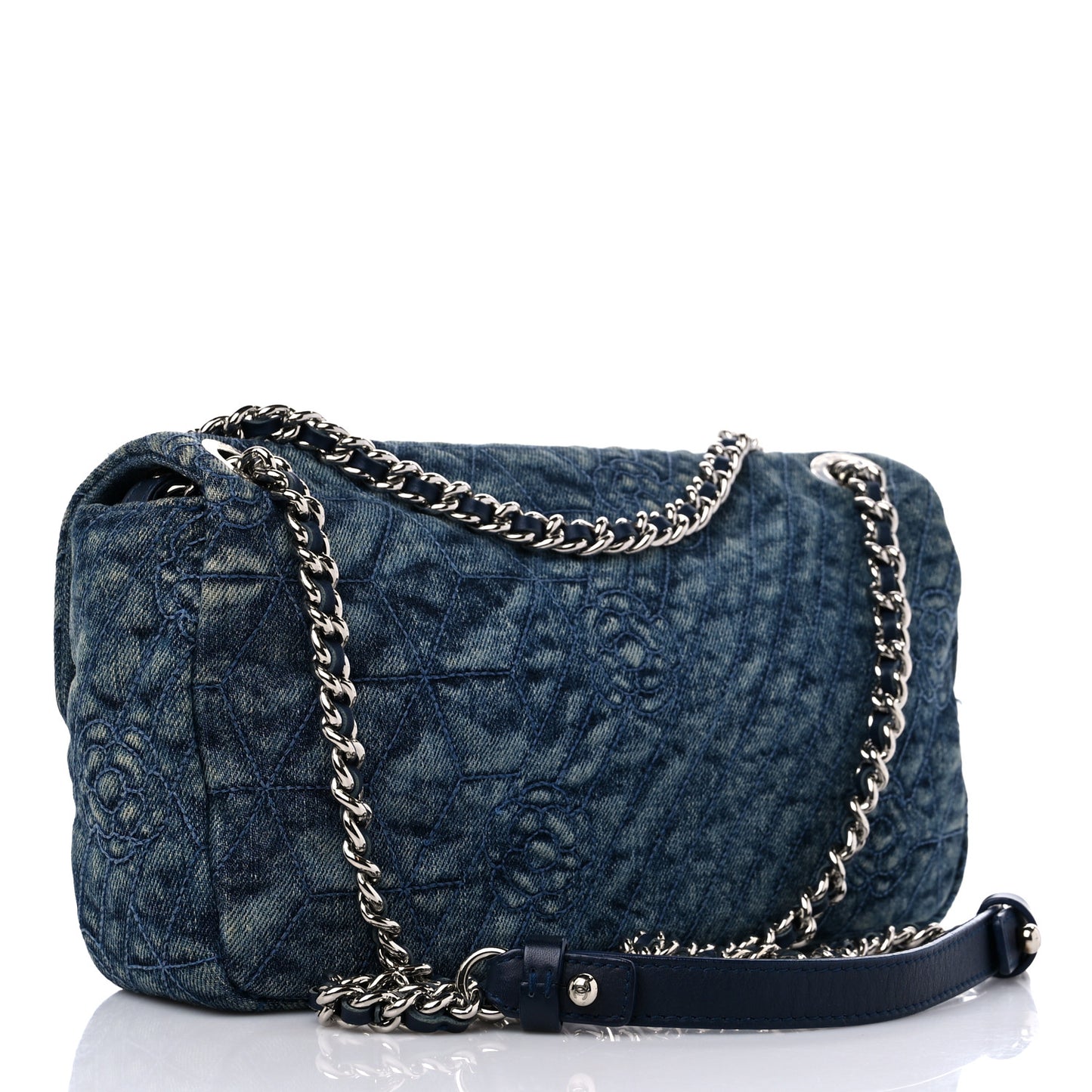 Denim Quilted Camellia Embroidered Medium Flap Blue