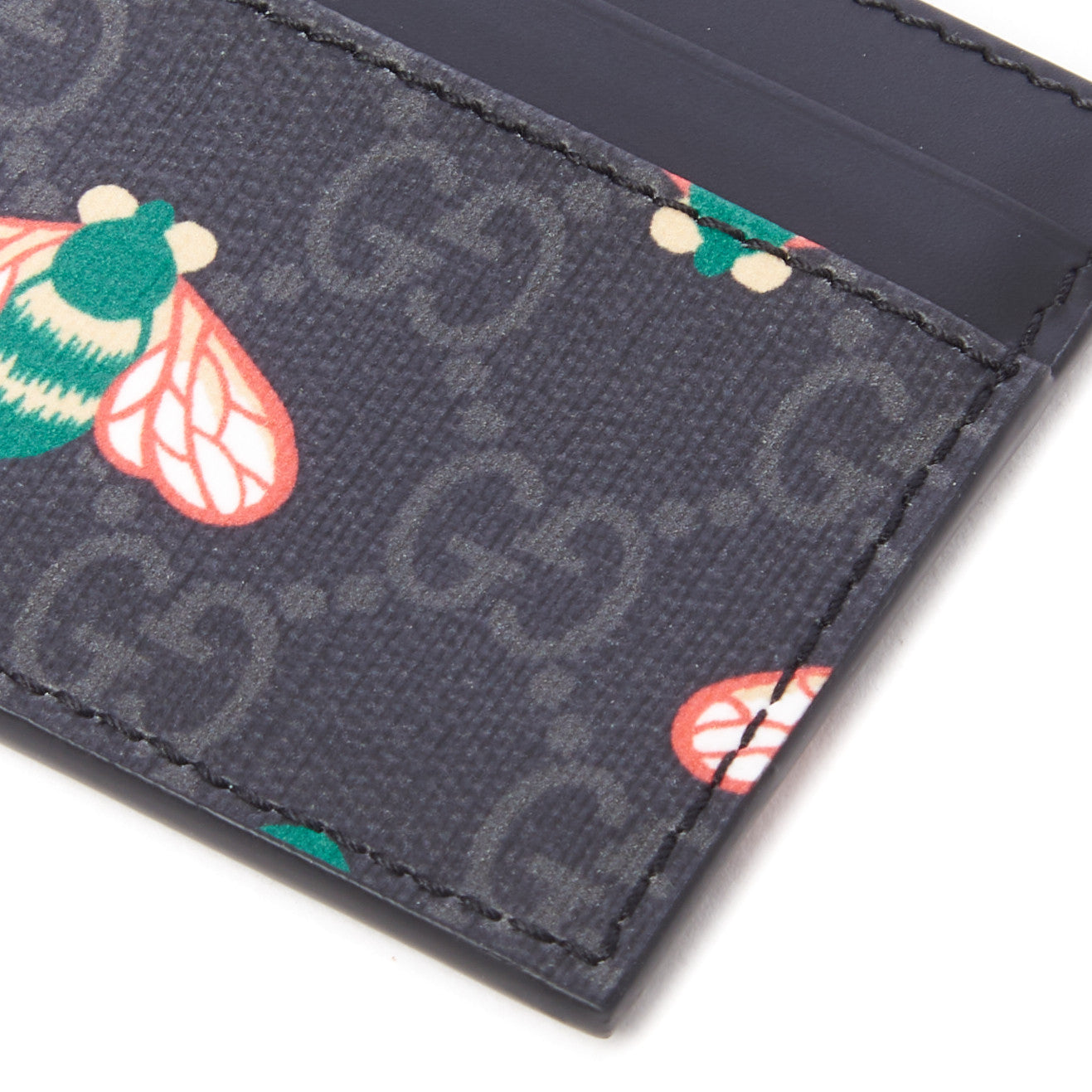 GG Supreme Monogram Bee Multicolor Appia Calfskin Card Holder Black Multicolor