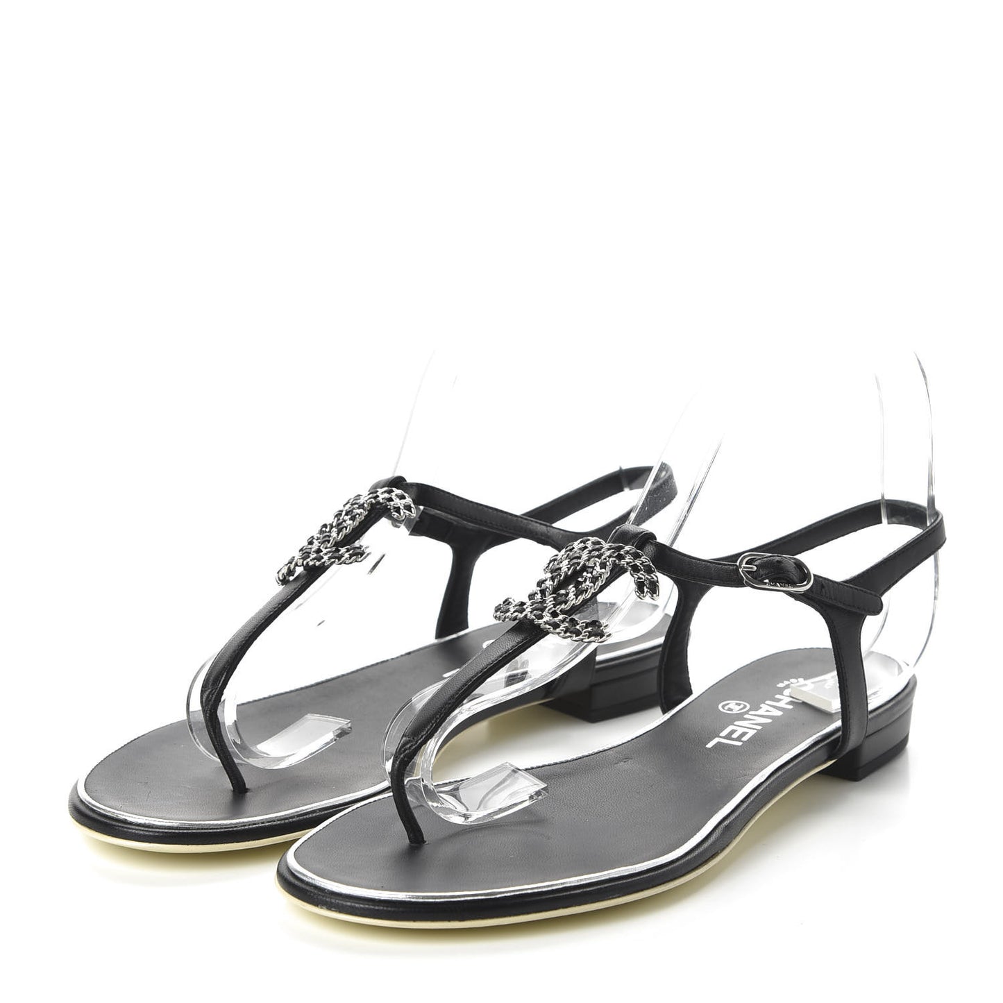 Lambskin CC Chain Thong Sandals 40 Black