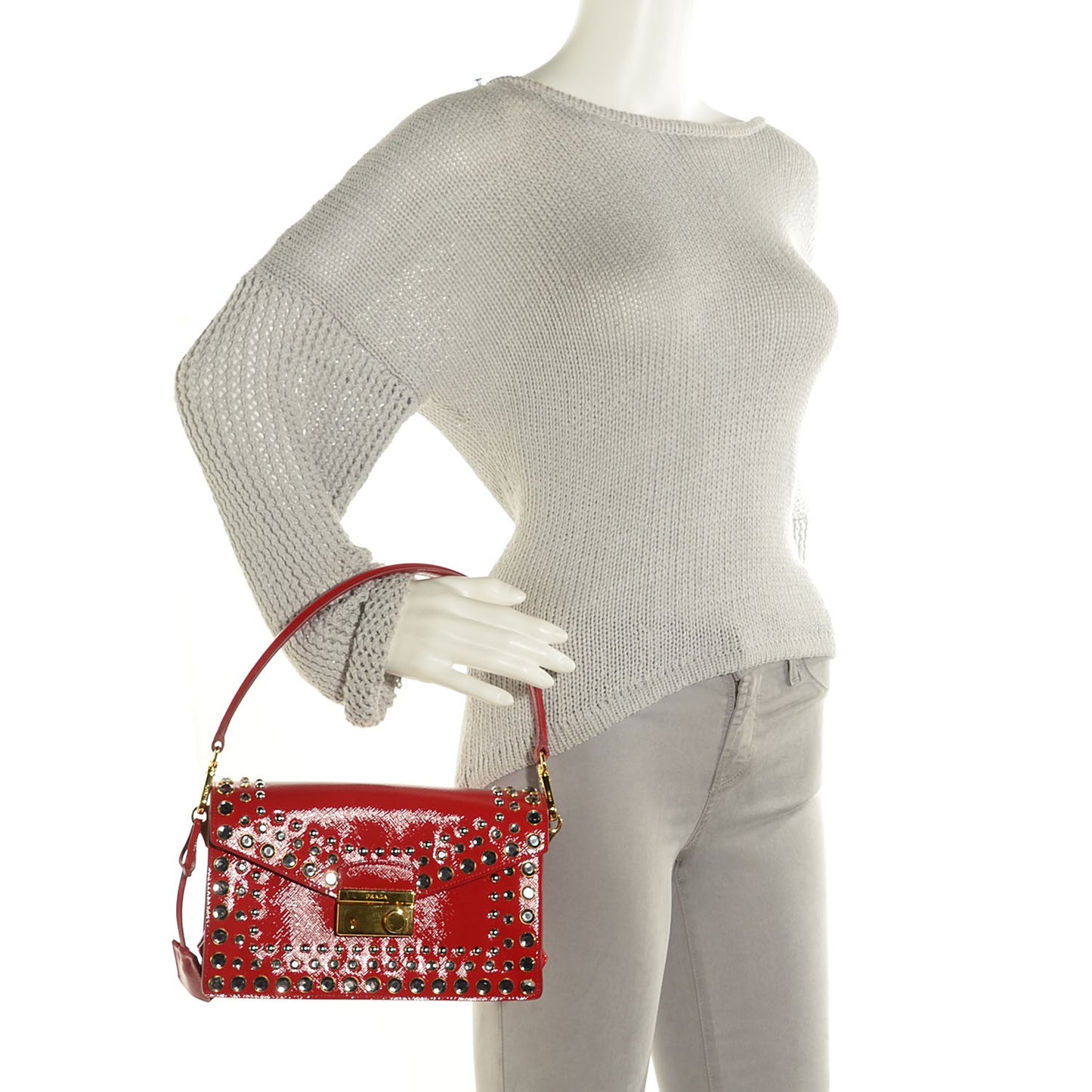 Saffiano Vernice Crystal Sound Shoulder Bag Rosso