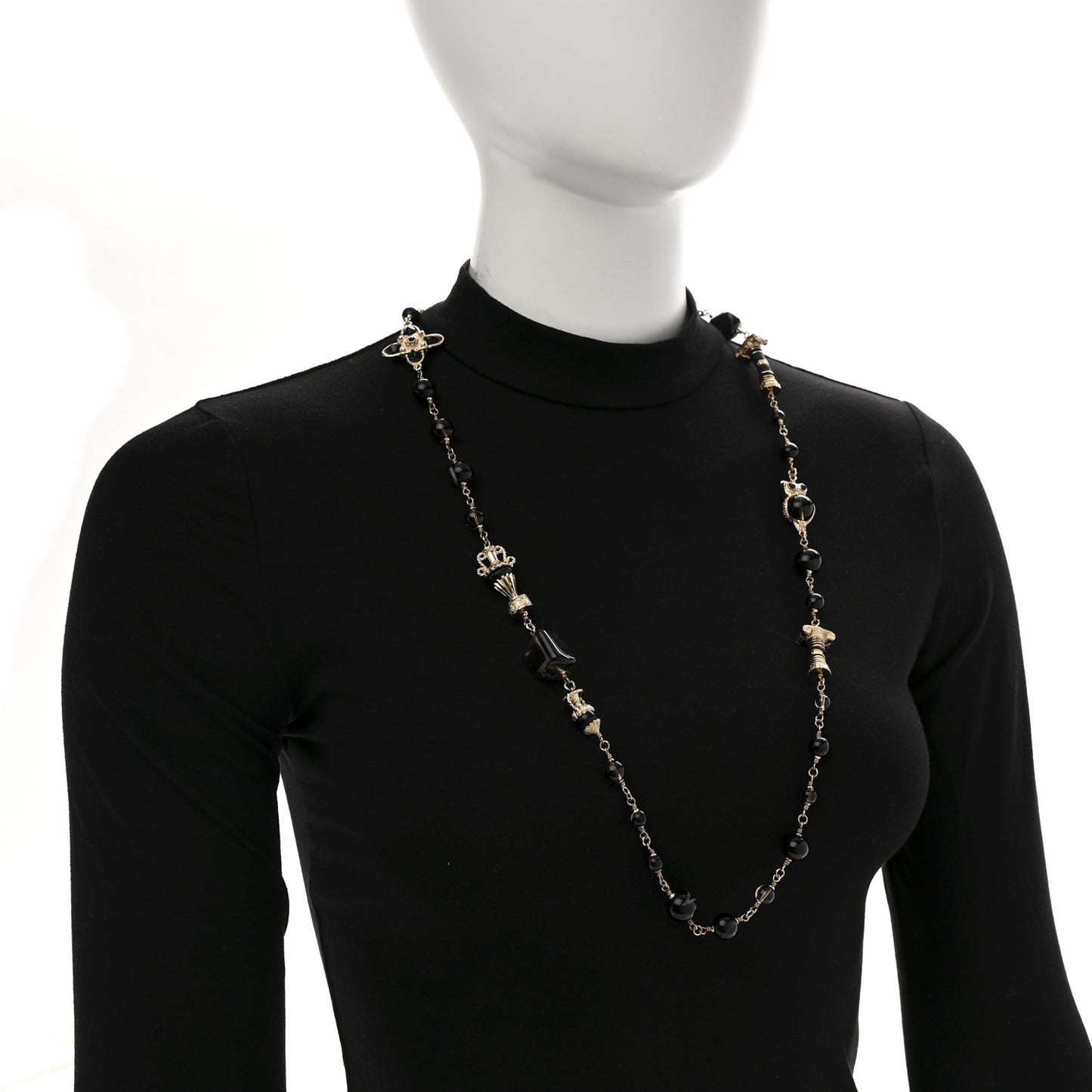 Resin Glass CC Beaded Charms Long Necklace Gold Black