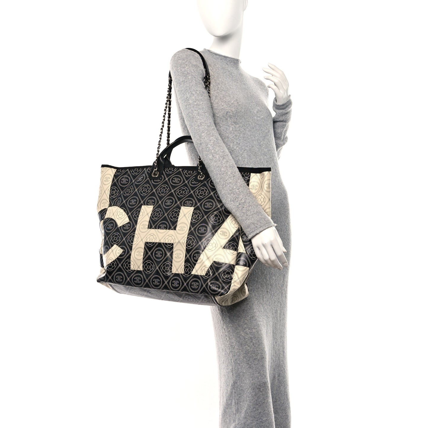Coated Canvas Camellia Large Shopping Tote Black Beige