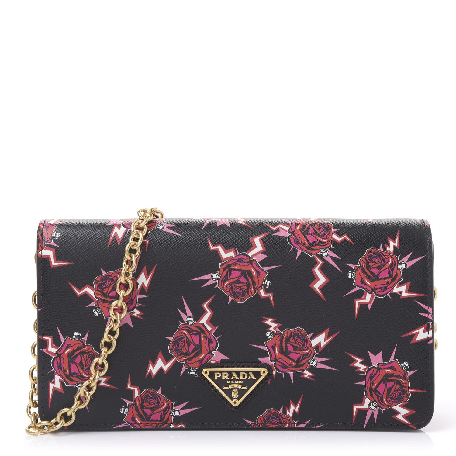 Prada X UNIVERSAL STUDIOS Saffiano Frankenstein Rose Chain Wallet Lacca 1 of 9