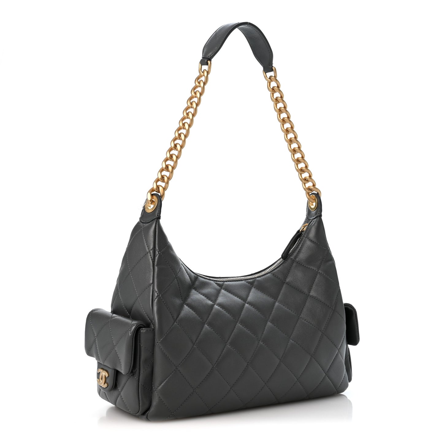 Shiny Lambskin Quilted Trendy Pockets Hobo Dark Grey