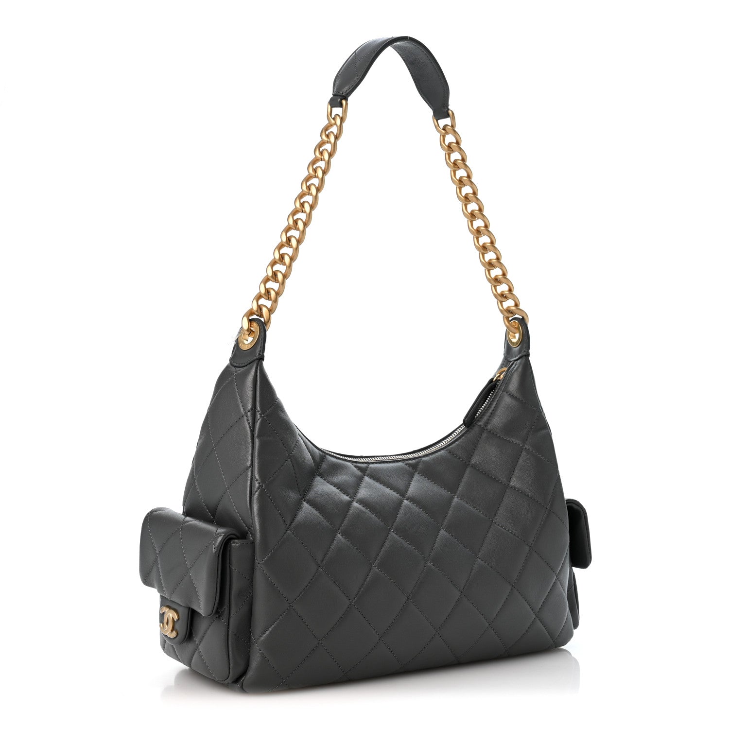 Chanel Shiny Lambskin Quilted Trendy Pockets Hobo Dark Grey 3 of 10