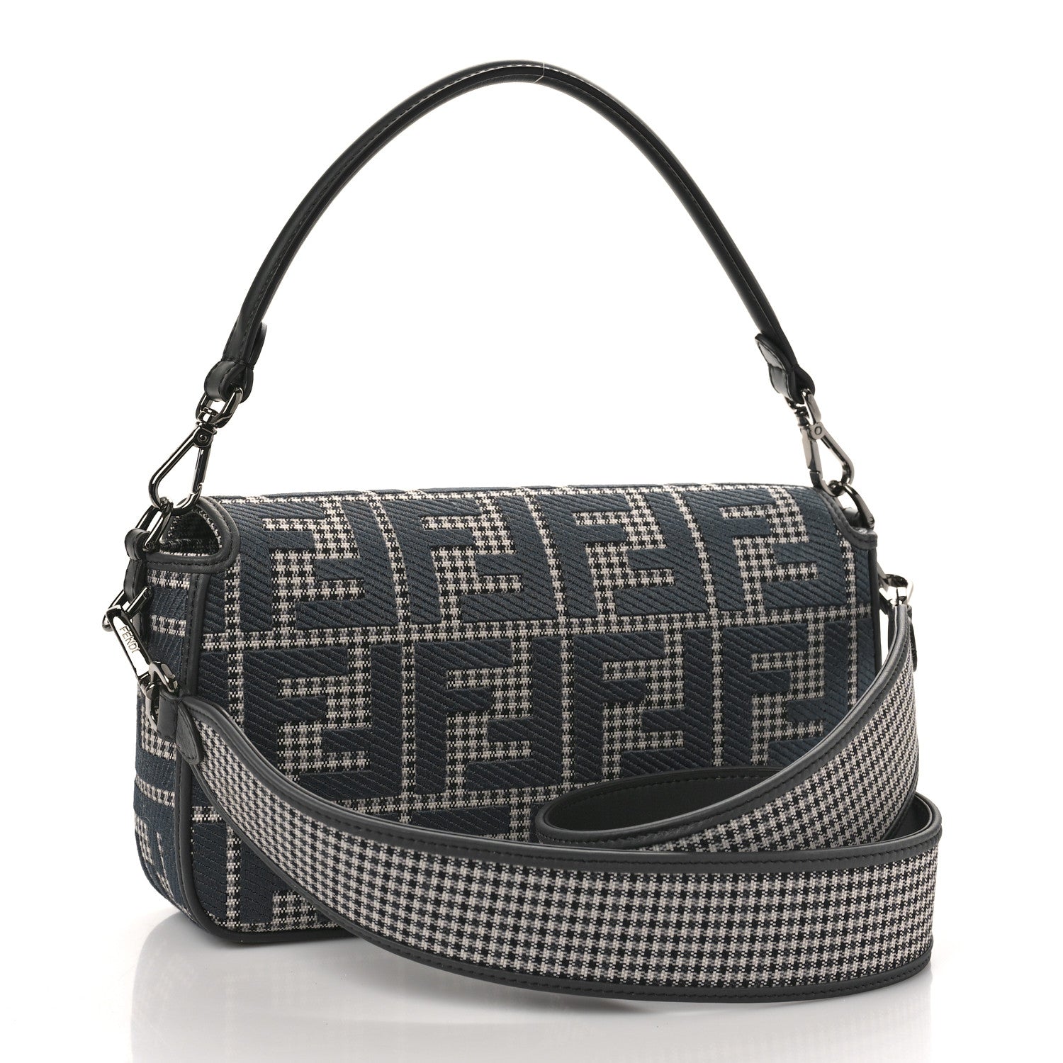 Fendi Wool Vitello King Houndstooth FF Embroidered Baguette Grigio Anthracite 3 of 8