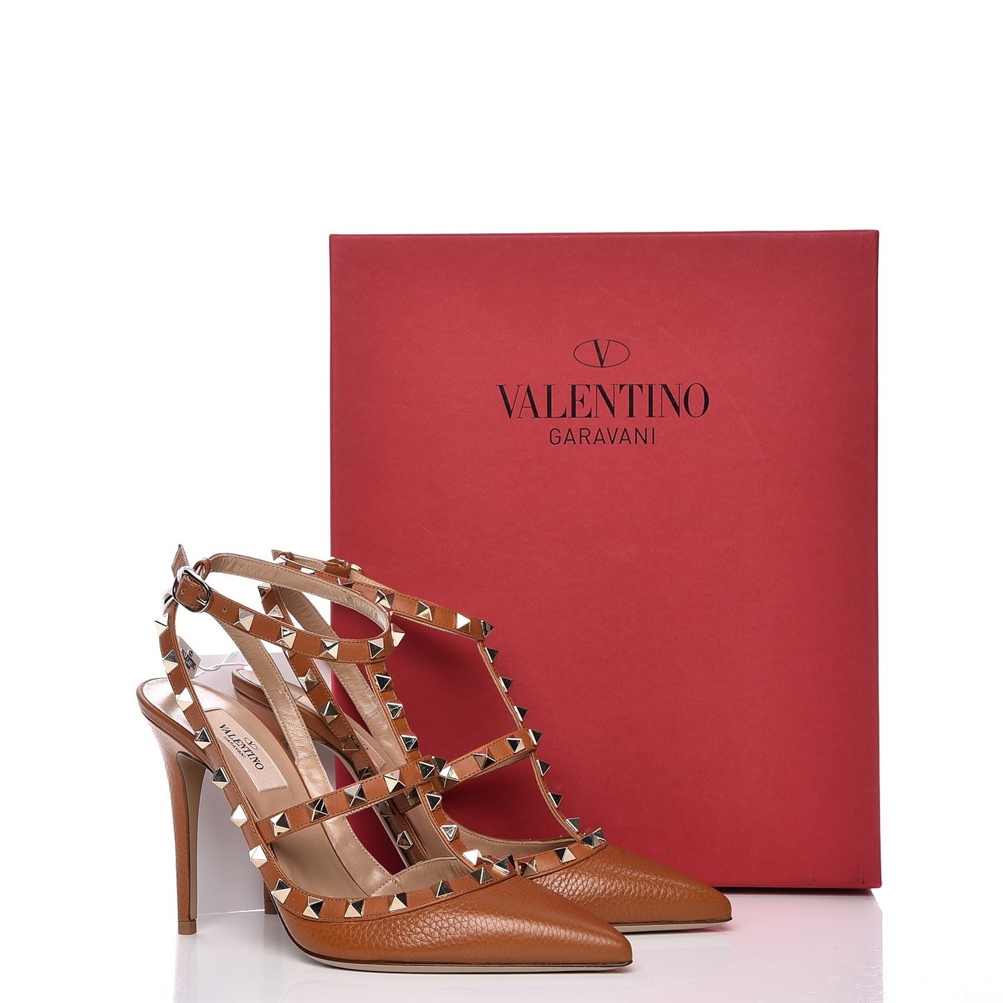 Pebbled Calfskin Rockstud Ankle Strap Pumps 38 Light Cuir