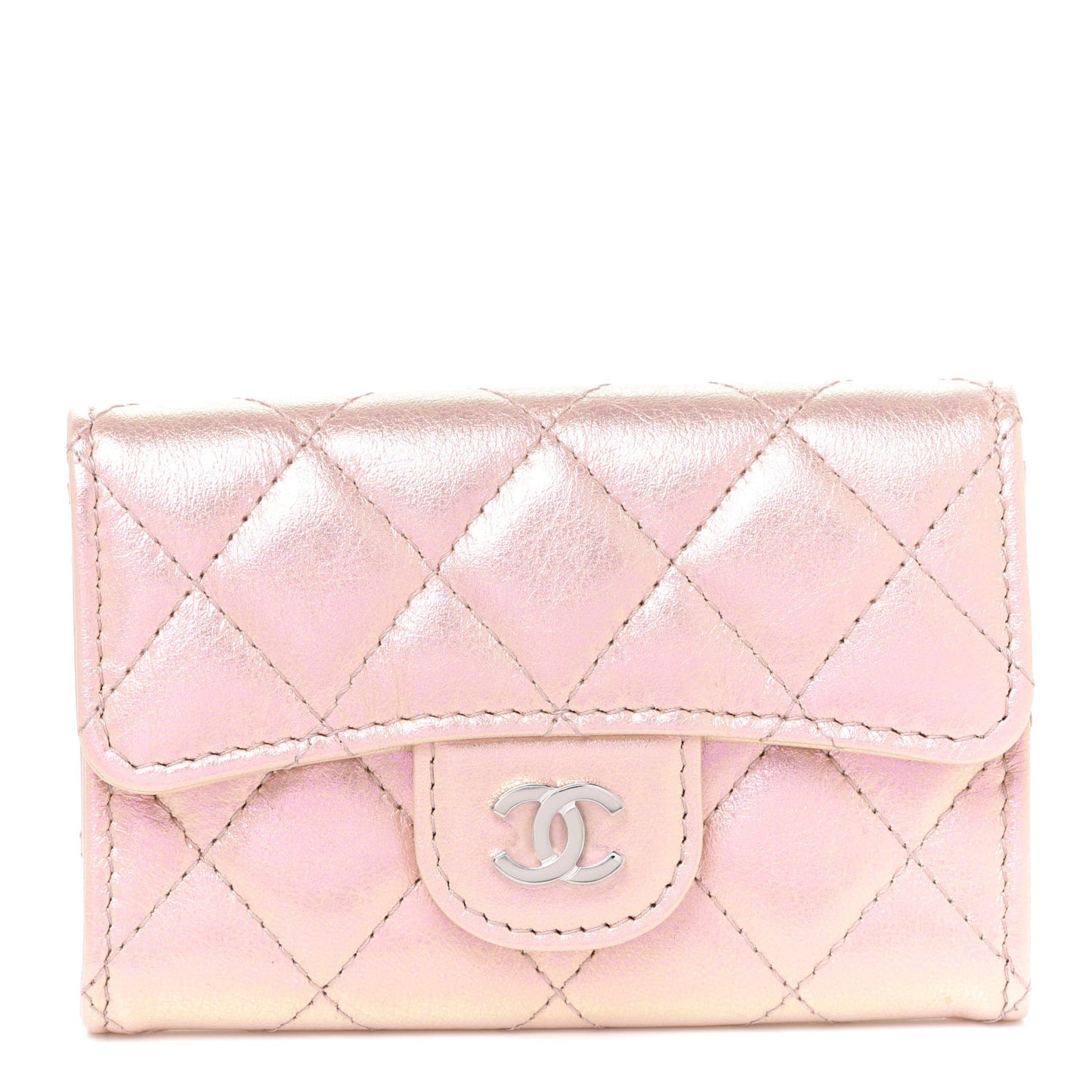 Iridescent Calfskin Quilted Flap Card Holder Wallet Pink