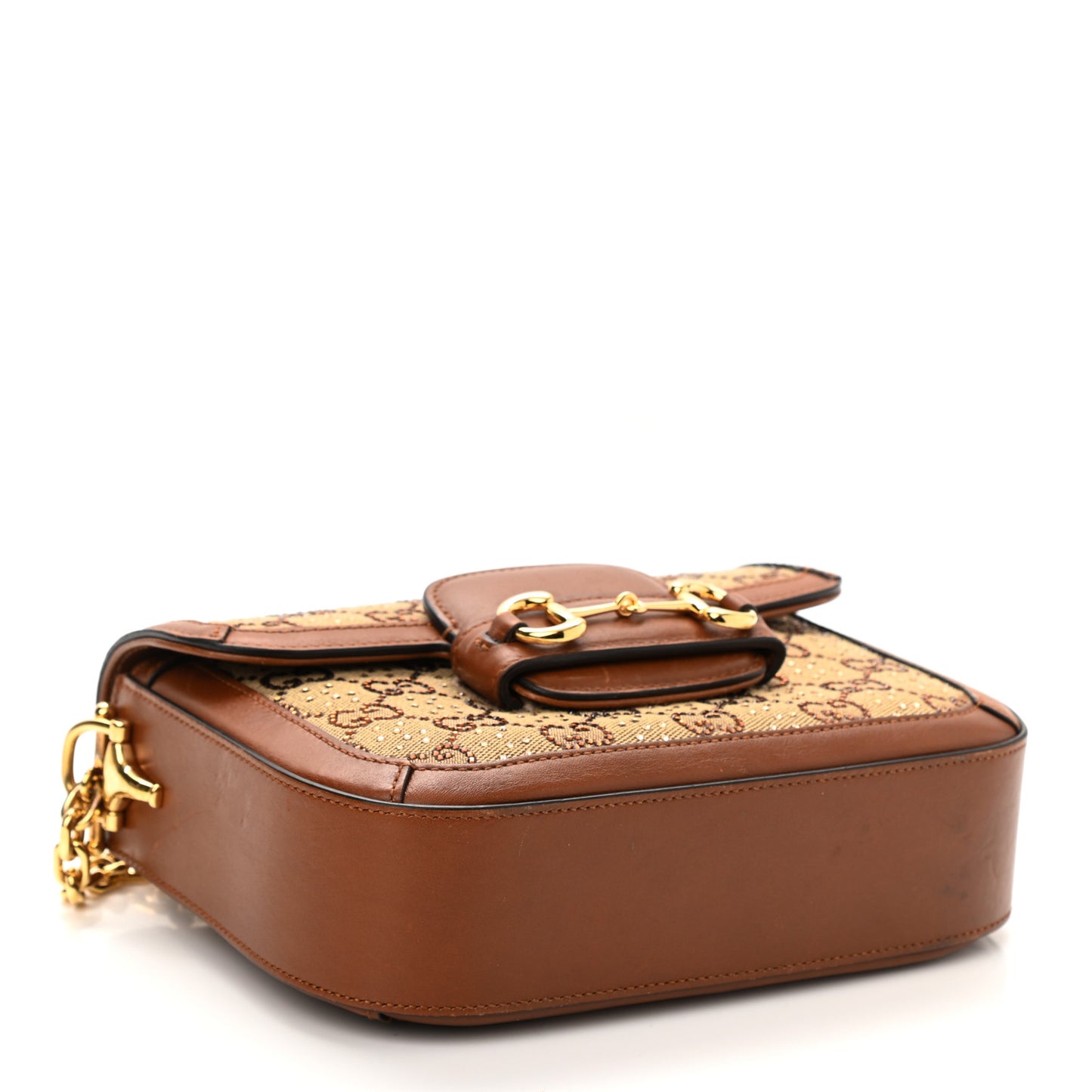 New Canvas Charisma Calfskin Crystal GG Monogram Mini Horsebit 1955 Shoulder Bag Camel Ebony