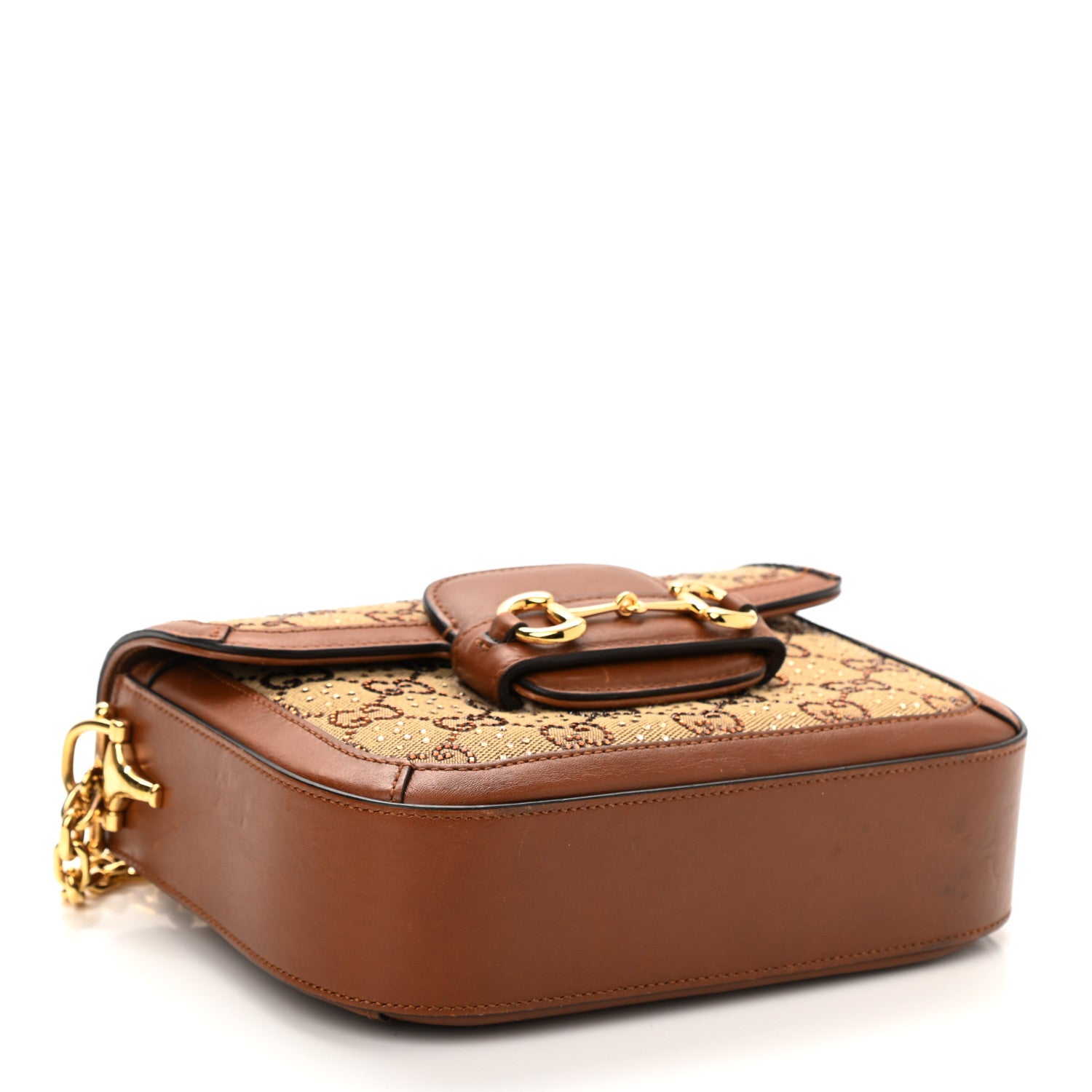 Gucci New Canvas Charisma Calfskin Crystal GG Monogram Mini Horsebit 1955 Shoulder Bag Camel Ebony 4 of 11