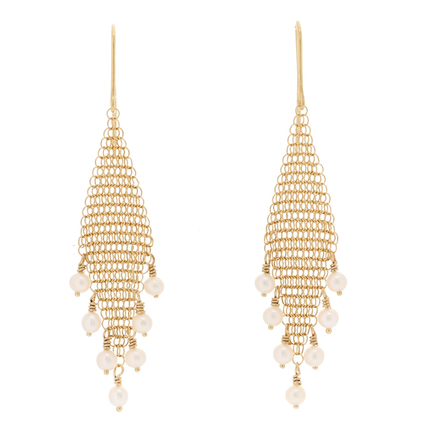 Tiffany 18K Yellow Gold Cultured Pearl Elsa Peretti Mesh Fringe Earrings 1 of 4
