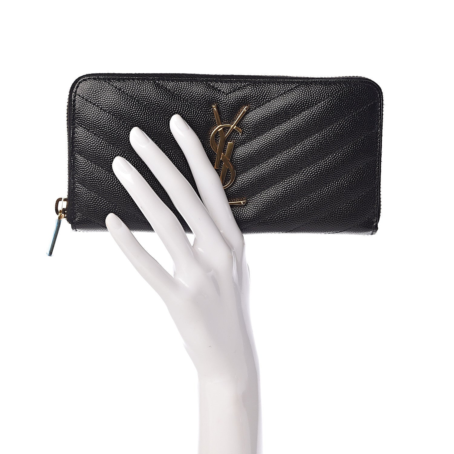 Saint Laurent Grain De Poudre Matelasse Chevron Monogram Zip Around Wallet Black 2 of 7