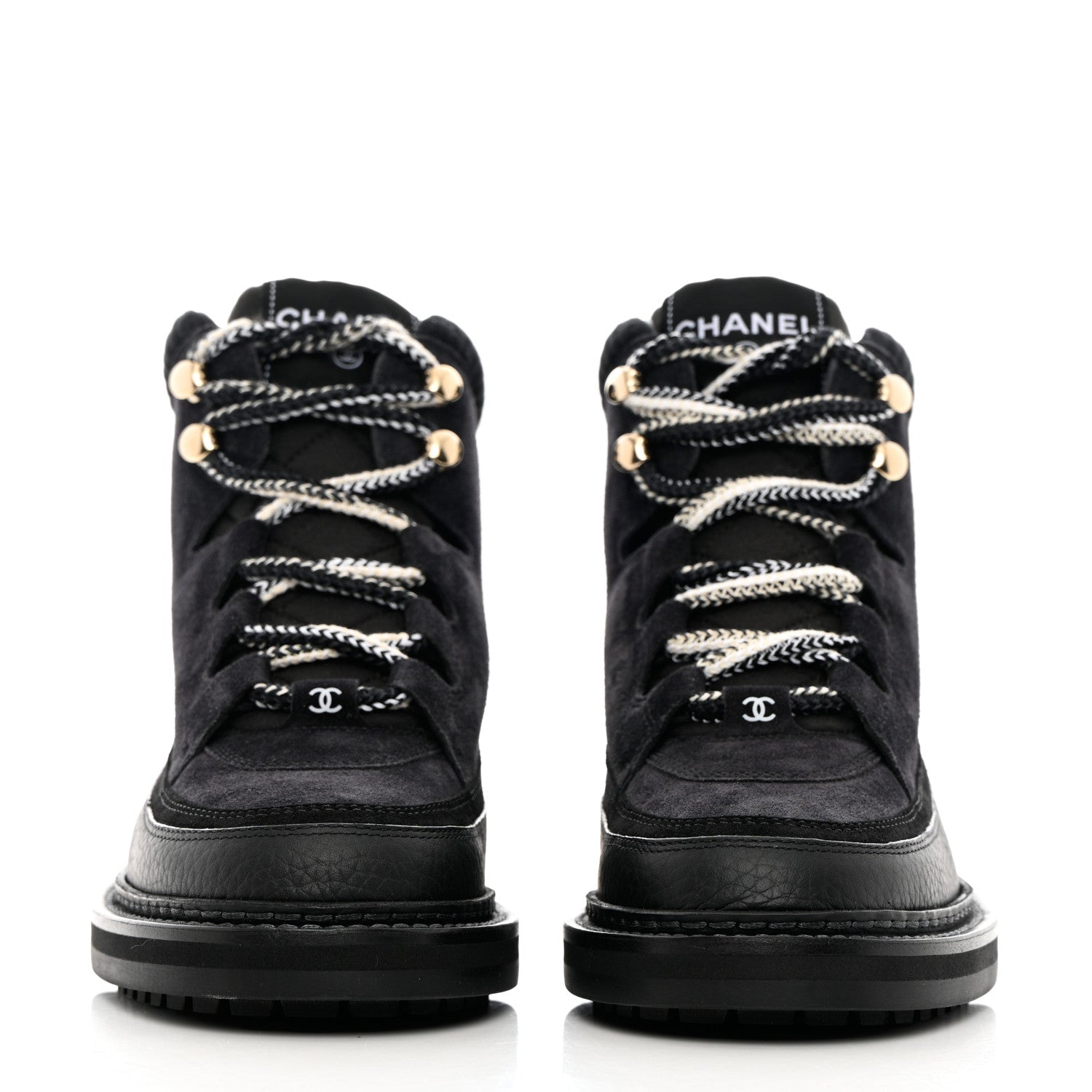 Chanel Suede Grained Calfskin CC Lace Up Boots 37 Black 2 of 11