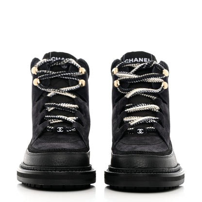 Chanel Suede Grained Calfskin CC Lace Up Boots 37 Black 2 of 11