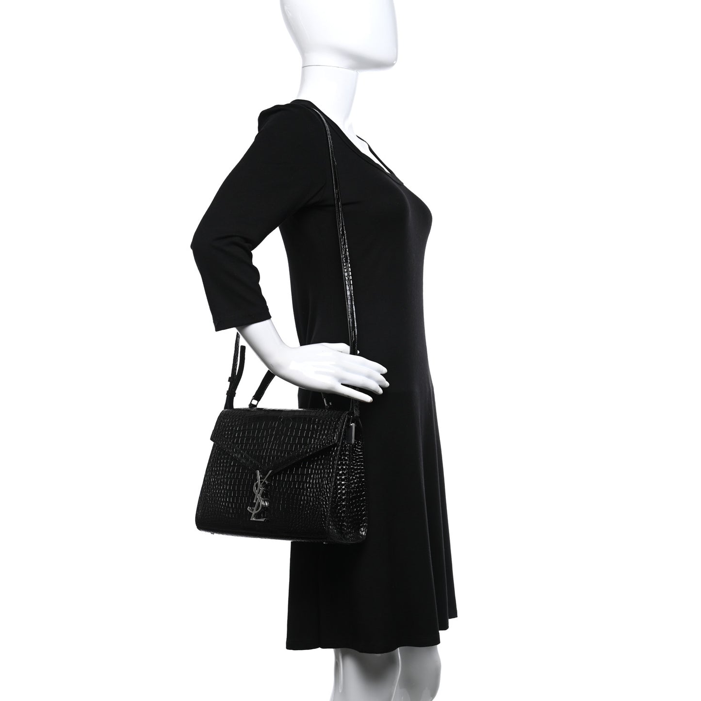 Calfskin Crocodile Embossed Medium Classic Monogram Cassandra Top Handle Black Rouge Legion