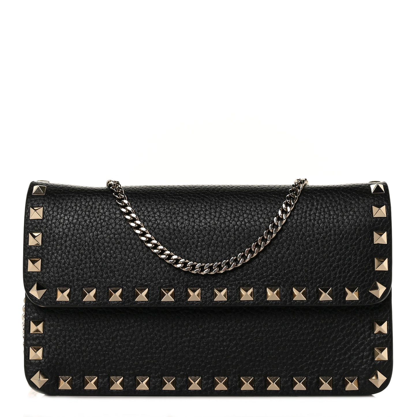 Pebbled Calfskin Rockstud Flap Wallet On Chain Black