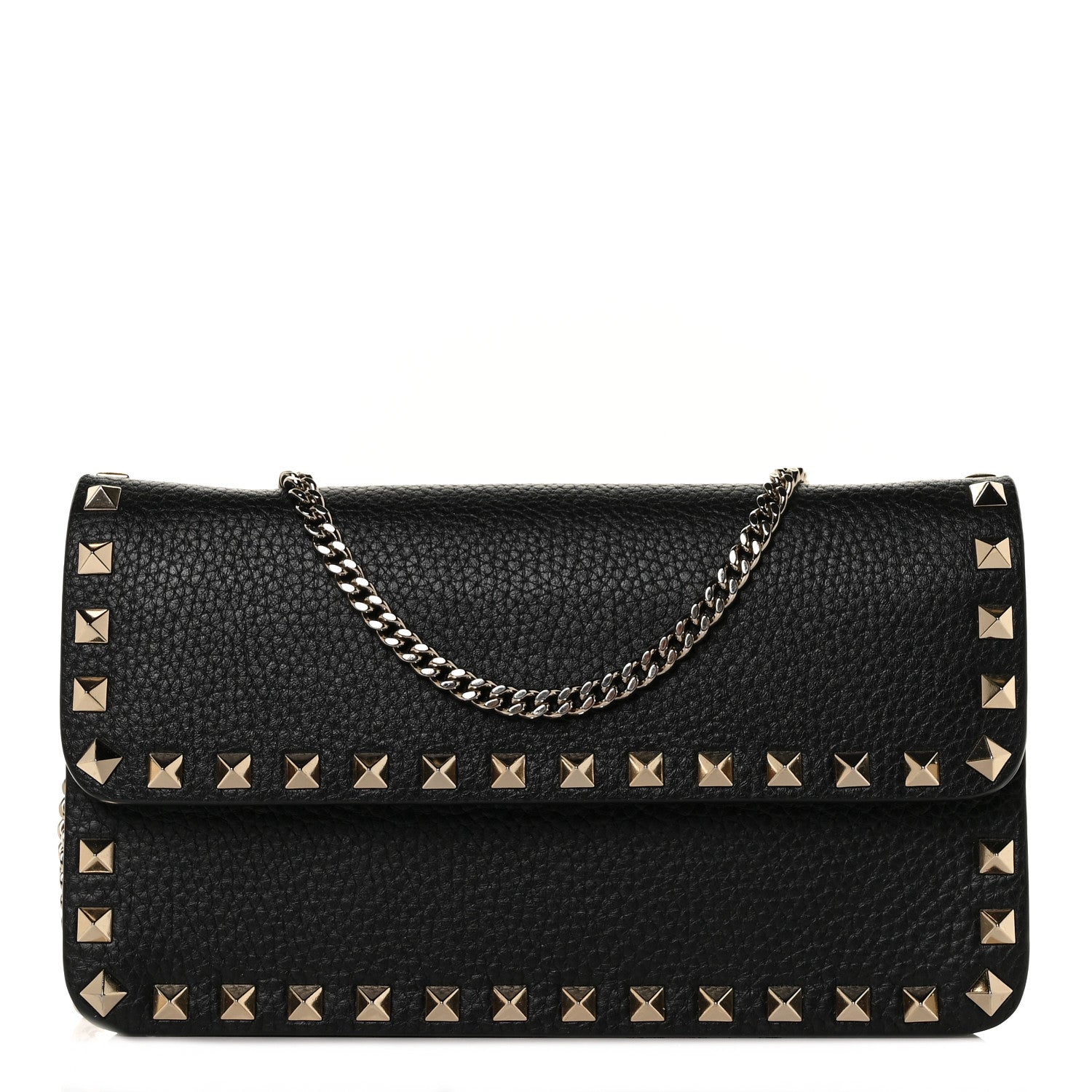 Valentino Garavani Pebbled Calfskin Rockstud Flap Wallet On Chain Black 1 of 8