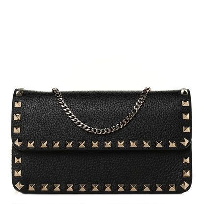 Valentino Garavani Pebbled Calfskin Rockstud Flap Wallet On Chain Black 1 of 8
