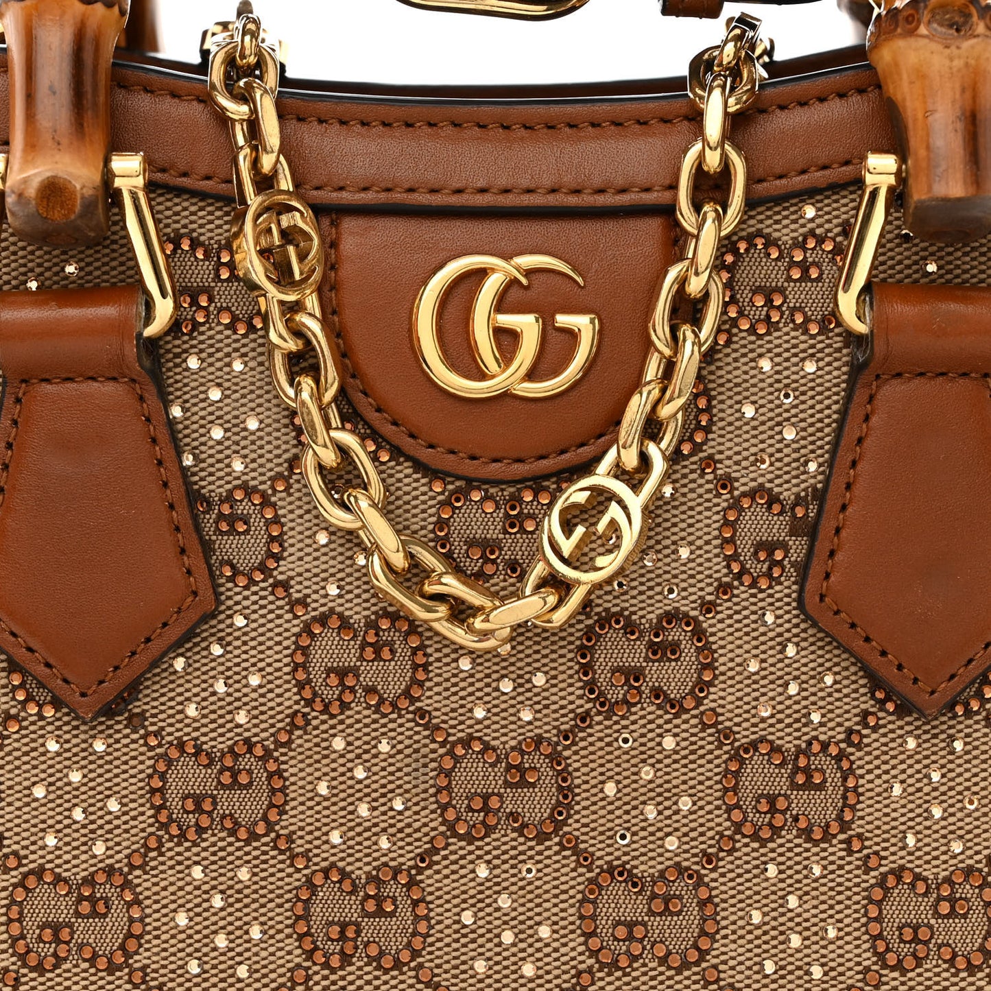 New Canvas Charisma Calfskin Crystal GG Monogram Mini Diana Tote Bag Camel Ebony