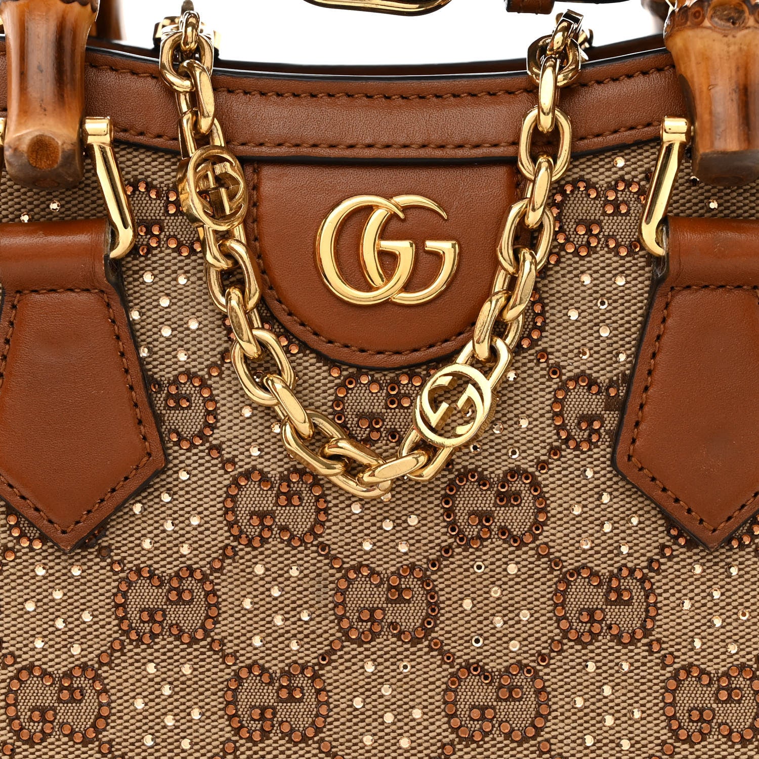 Gucci New Canvas Charisma Calfskin Crystal GG Monogram Mini Diana Tote Bag Camel Ebony 8 of 19