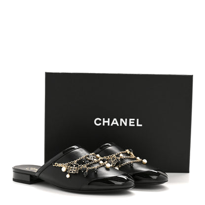 Chanel Lambskin Patent Pearl Chain Charm CC Mules 37 Black 10 of 10
