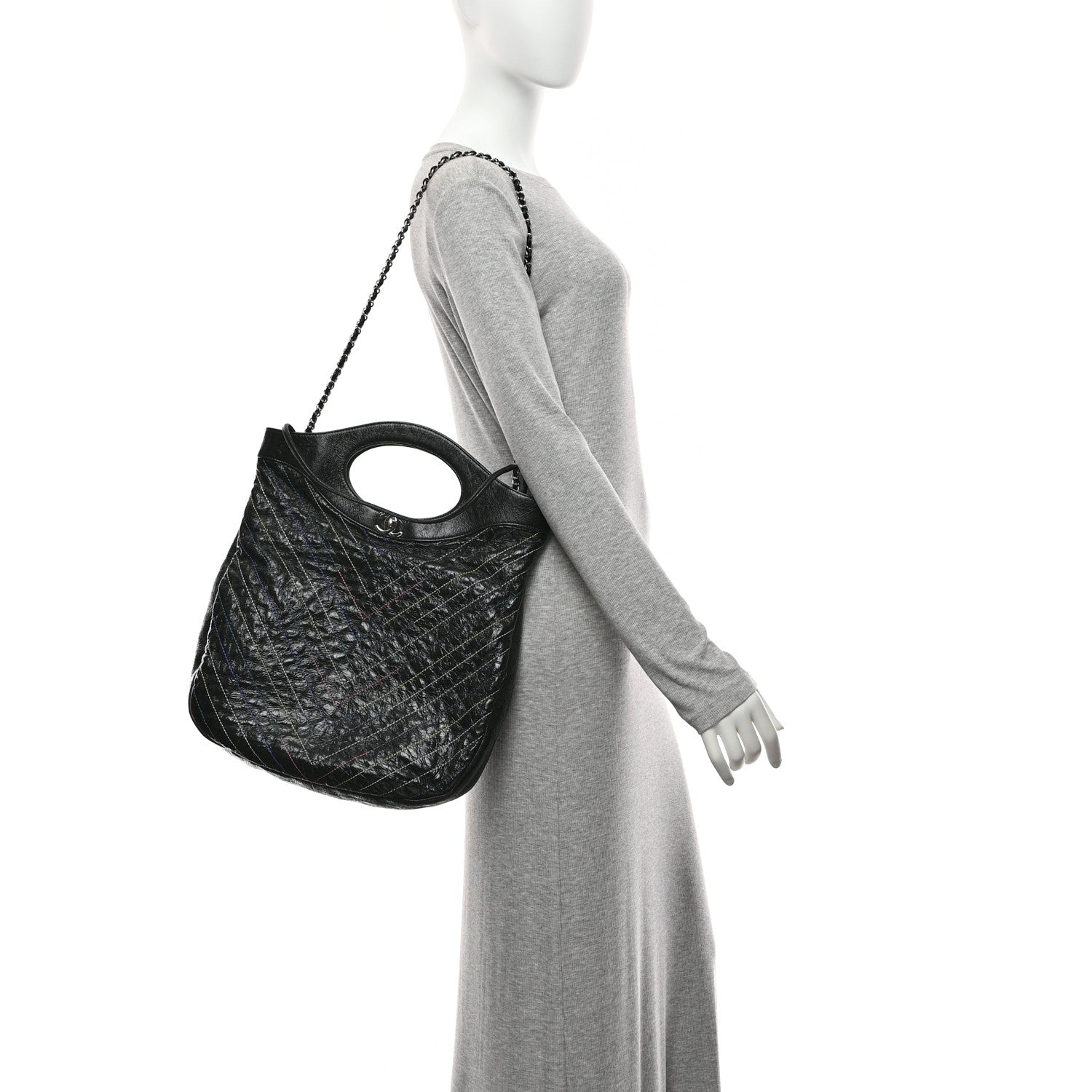 Chanel Glazed Calfskin Chevron Stitched Large 31 Shopping Bag Black Multicolor 2 of 10
