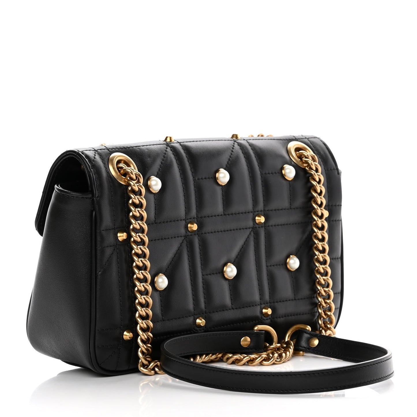 Calfskin Matelasse Studded Small Pearly GG Marmont Shoulder Bag Black