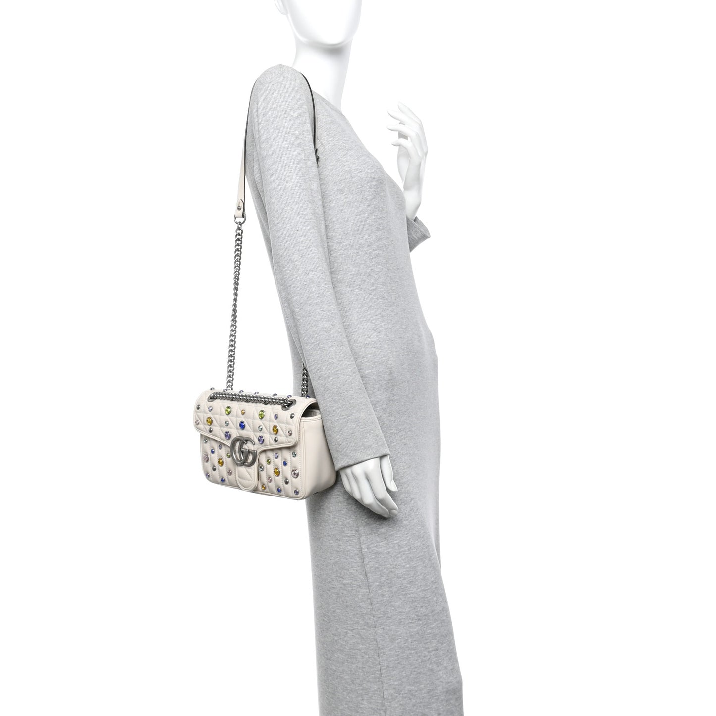 Calfskin Crystal Matelasse Aria Small GG Marmont Shoulder Bag Mystic White Multicolor